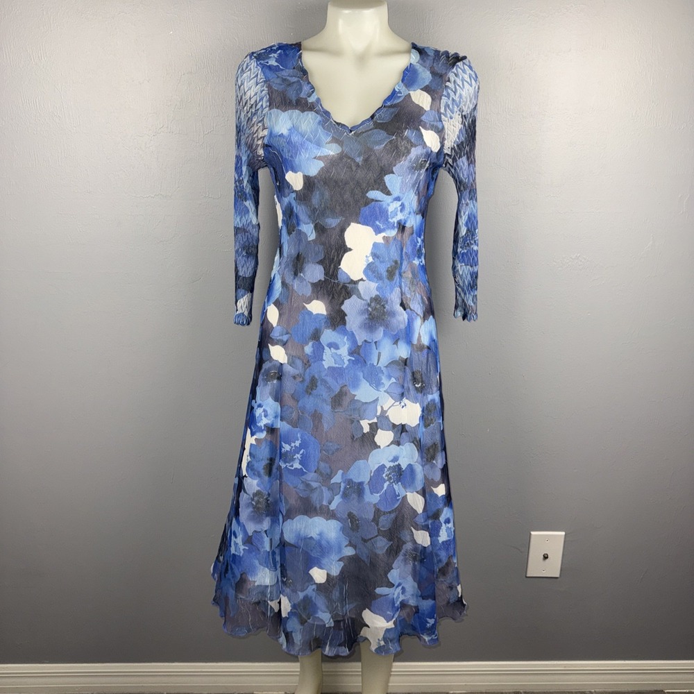 Komarov Floral Charmeuse & Chiffon Cocktail Dress Women's Petite Medium Blue